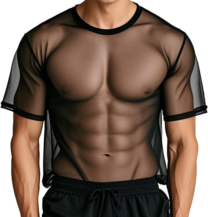 YINYOUYU Mens See Through Pajamas Set Sexy Mesh Sheer Muscle T Shirt Lounge Pants Underwear Sleepwear Clubwear