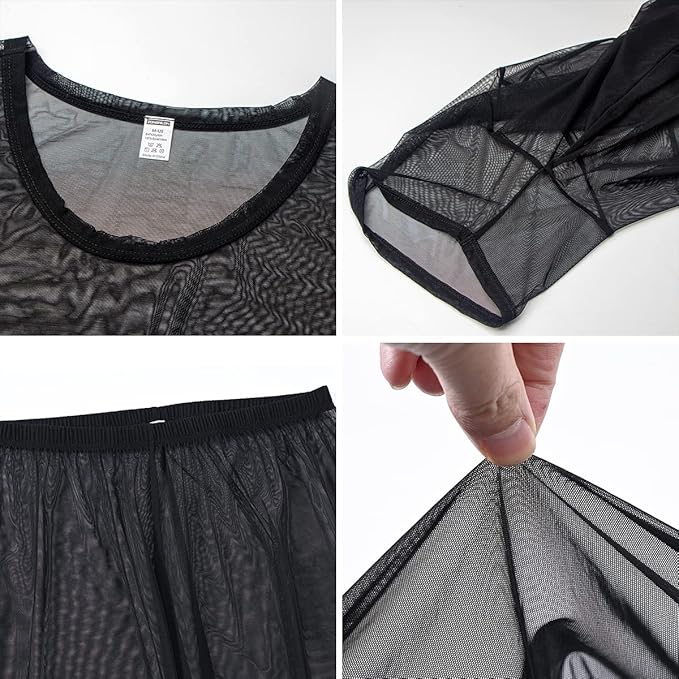 YINYOUYU Mens See Through Pajamas Set Sexy Mesh Sheer Muscle T Shirt Lounge Pants Underwear Sleepwear Clubwear