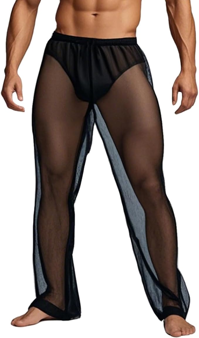 YINYOUYU Mens See Through Pajamas Set Sexy Mesh Sheer Muscle T Shirt Lounge Pants Underwear Sleepwear Clubwear