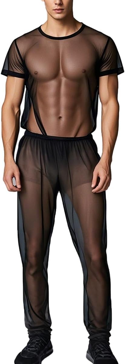 YINYOUYU Mens See Through Pajamas Set Sexy Mesh Sheer Muscle T Shirt Lounge Pants Underwear Sleepwear Clubwear