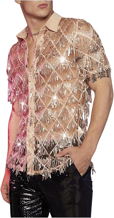 WDIRARA Men's Sequin Decor Fringe Button Front Shirts Short Sleeve Sheer Party T Shirt