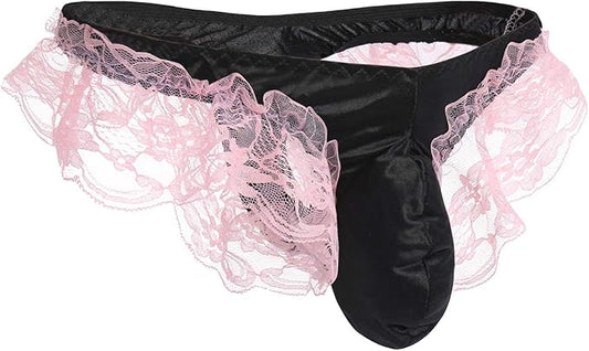 Sexy Men’s Floral Lace Underwear Shiny Satin Sissy Pouch Crossdress G-String Thong Panties Maid Cosplay Lingerie Brief