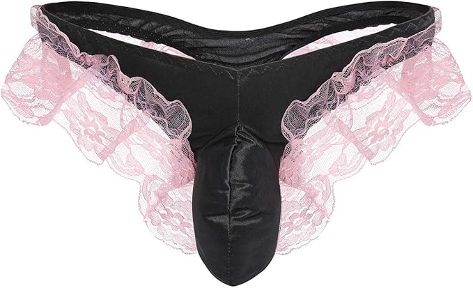Sexy Men’s Floral Lace Underwear Shiny Satin Sissy Pouch Crossdress G-String Thong Panties Maid Cosplay Lingerie Brief