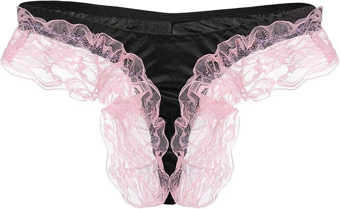 Sexy Men’s Floral Lace Underwear Shiny Satin Sissy Pouch Crossdress G-String Thong Panties Maid Cosplay Lingerie Brief