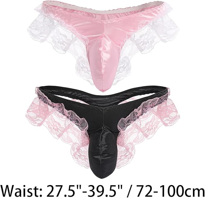 Sexy Men’s Floral Lace Underwear Shiny Satin Sissy Pouch Crossdress G-String Thong Panties Maid Cosplay Lingerie Brief