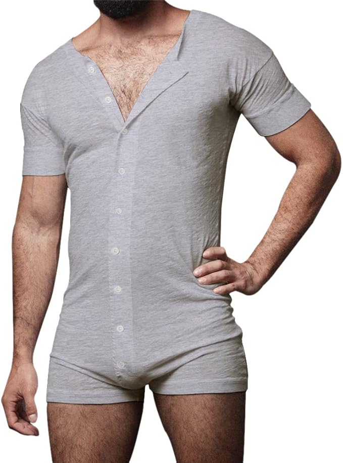 Mens Short Sleeve Onesie Henley Jumpsuit Pajamas Stretchy Cotton One Piece Garment