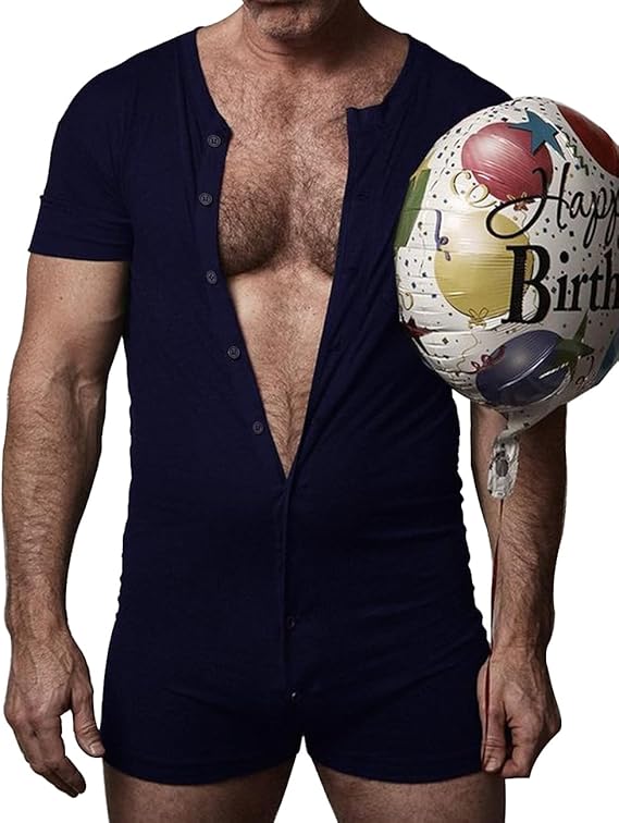 Mens Short Sleeve Onesie Henley Jumpsuit Pajamas Stretchy Cotton One Piece Garment
