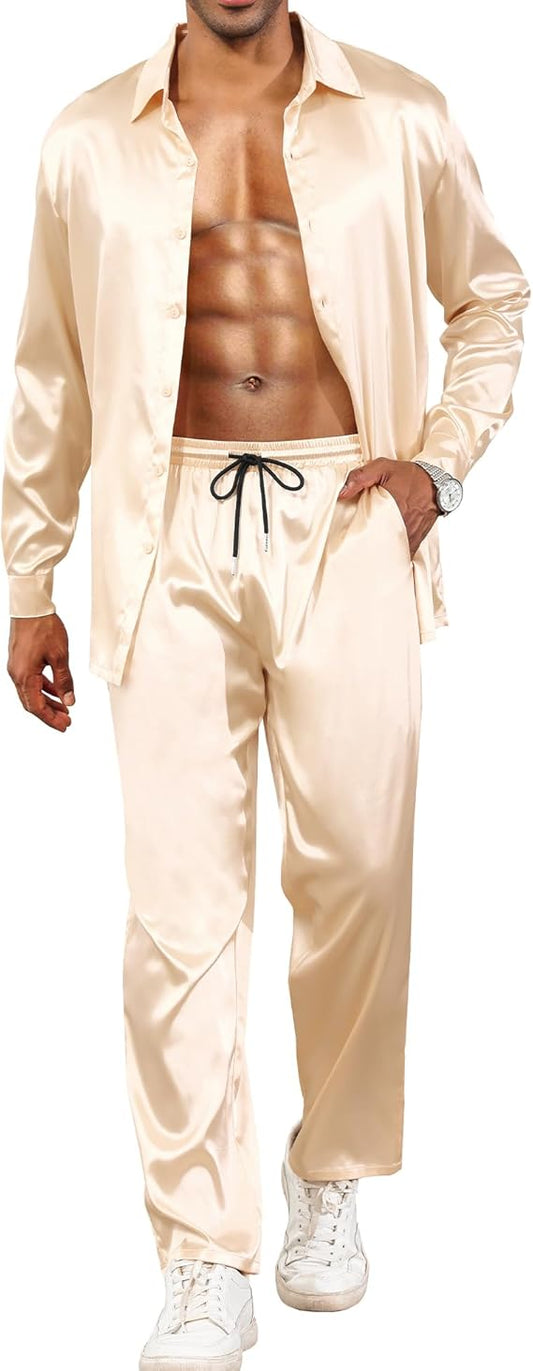 LecGee Men's Satin 2 Piece Outfits Lapel Long Sleeve Button Down Tops Jogger Pants Sets With Pocket Prom Club Party