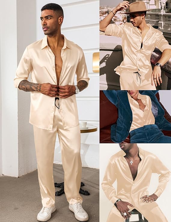 LecGee Men's Satin 2 Piece Outfits Lapel Long Sleeve Button Down Tops Jogger Pants Sets With Pocket Prom Club Party