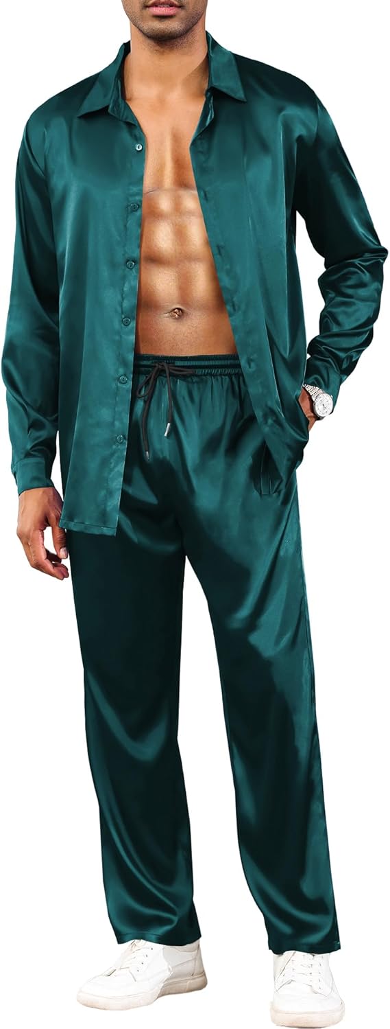 LecGee Men's Satin 2 Piece Outfits Lapel Long Sleeve Button Down Tops Jogger Pants Sets With Pocket Prom Club Party