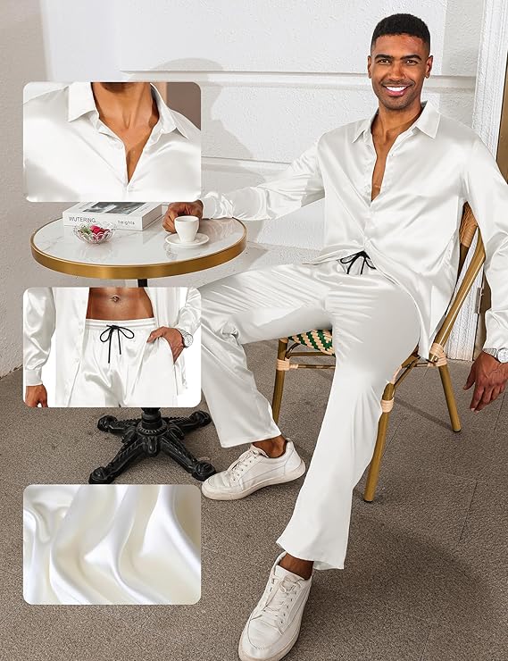 LecGee Men's Satin 2 Piece Outfits Lapel Long Sleeve Button Down Tops Jogger Pants Sets With Pocket Prom Club Party