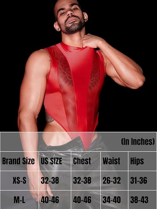 Mens Sexy Lingerie, Hook Crotch Thong High Cut Bodysuit Top Rave Outfit, Glossy Mock Neck Sheer Singlet Muscle Suit