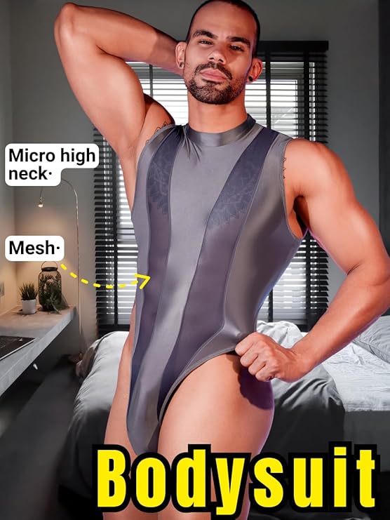 Mens Sexy Lingerie, Hook Crotch Thong High Cut Bodysuit Top Rave Outfit, Glossy Mock Neck Sheer Singlet Muscle Suit