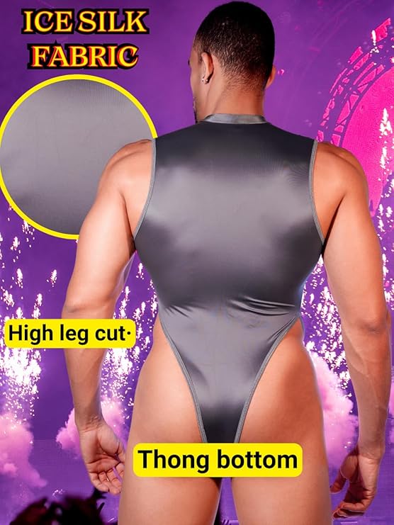 Mens Sexy Lingerie, Hook Crotch Thong High Cut Bodysuit Top Rave Outfit, Glossy Mock Neck Sheer Singlet Muscle Suit