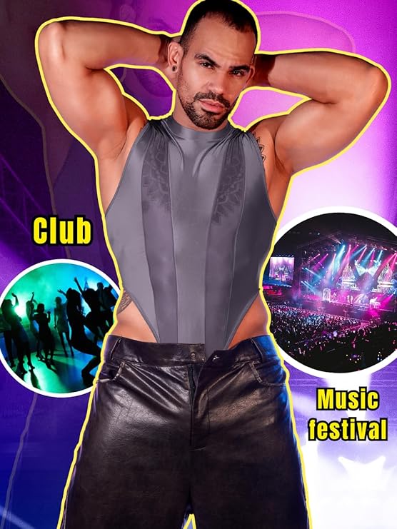 Mens Sexy Lingerie, Hook Crotch Thong High Cut Bodysuit Top Rave Outfit, Glossy Mock Neck Sheer Singlet Muscle Suit