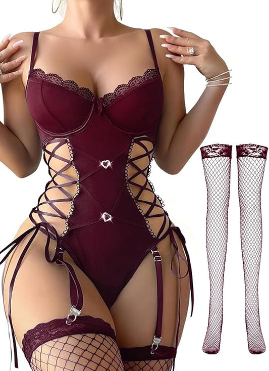 Lilosy Sexy Floral Lace Up Belt Garter Underwire Teddy Bodysuit Lingerie Set
