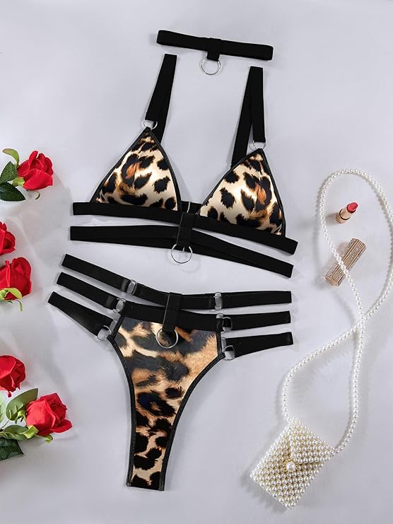 Lilosy Sexy Wireless Choker O Ring Linked Strappy Harness Lingerie Set Outfits 3 Piece