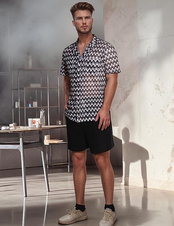 Mens 2 Pieces Outfits Summer Beach Set Tracksuit See Through Sheer Hollow Out Short Sleeve Lace Shirts and Shorts Sets