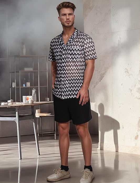 Mens 2 Pieces Outfits Summer Beach Set Tracksuit See Through Sheer Hollow Out Short Sleeve Lace Shirts and Shorts Sets