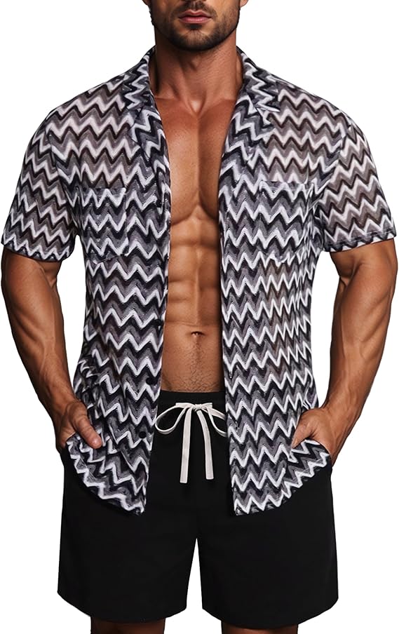 Mens 2 Pieces Outfits Summer Beach Set Tracksuit See Through Sheer Hollow Out Short Sleeve Lace Shirts and Shorts Sets