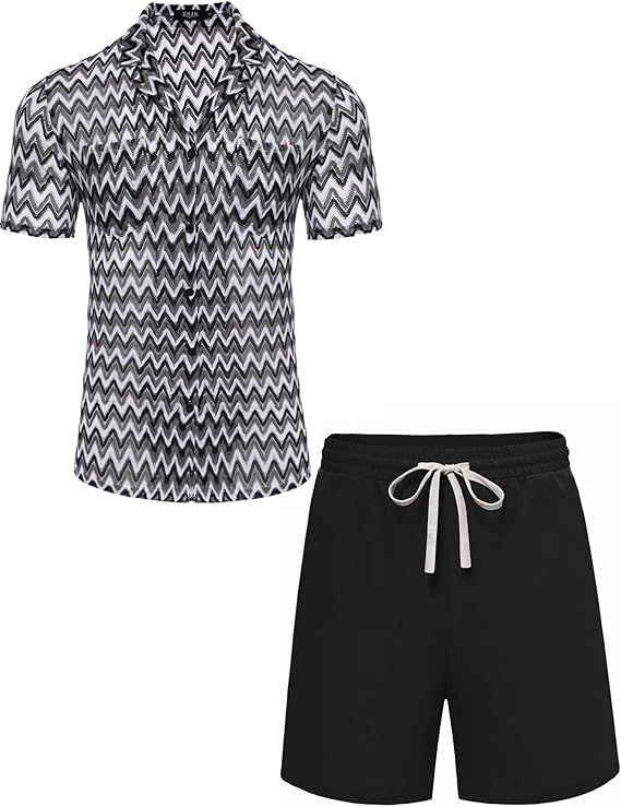Mens 2 Pieces Outfits Summer Beach Set Tracksuit See Through Sheer Hollow Out Short Sleeve Lace Shirts and Shorts Sets