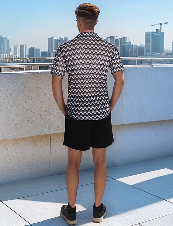 Mens 2 Pieces Outfits Summer Beach Set Tracksuit See Through Sheer Hollow Out Short Sleeve Lace Shirts and Shorts Sets