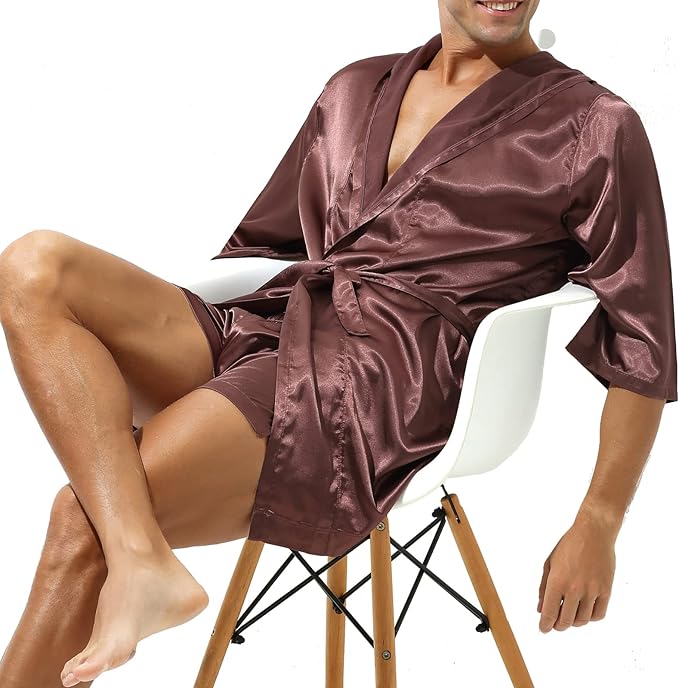 YUFEIDA Mens Satin Robe Silky Bathrobe with Shorts Lightweight Sleepwear Luxurious Pyjama Set Hooded Nightgown with Shorts