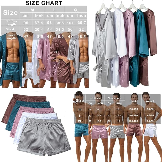 YUFEIDA Mens Satin Robe Silky Bathrobe with Shorts Lightweight Sleepwear Luxurious Pyjama Set Hooded Nightgown with Shorts