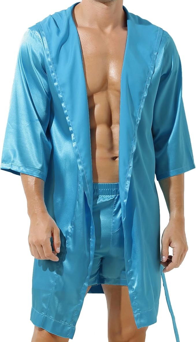 YUFEIDA Mens Satin Robe Silky Bathrobe with Shorts Lightweight Sleepwear Luxurious Pyjama Set Hooded Nightgown with Shorts