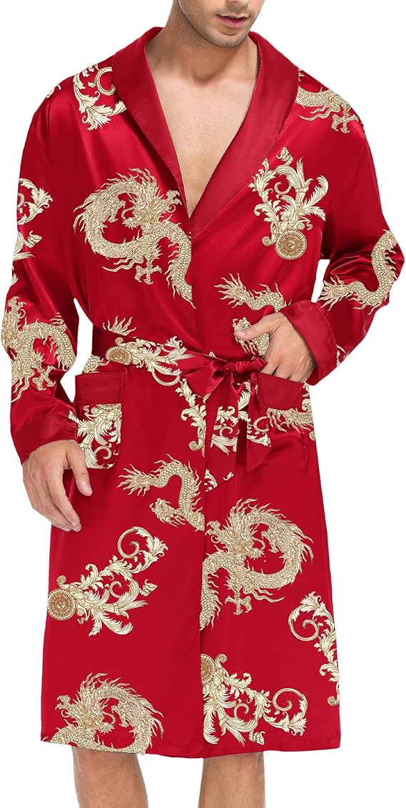 SWOMOG Men's Satin Robe with Shorts Set Silky Kimono Bathrobe Lightweight Soft Sleepwear