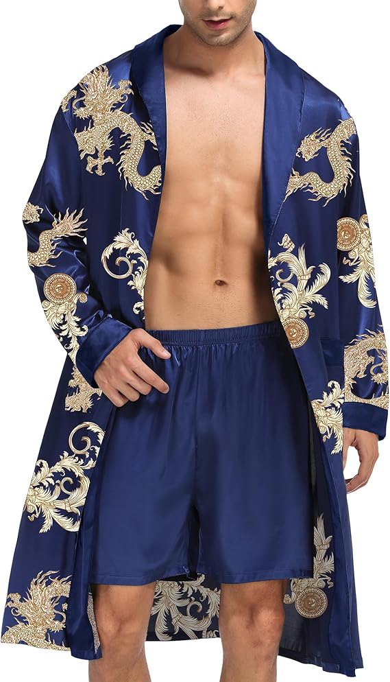SWOMOG Men's Satin Robe with Shorts Set Silky Kimono Bathrobe Lightweight Soft Sleepwear