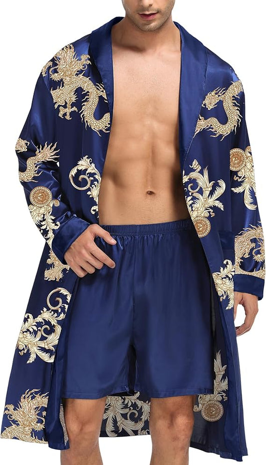 SWOMOG Men's Satin Robe with Shorts Set Silky Kimono Bathrobe Lightweight Soft Sleepwear
