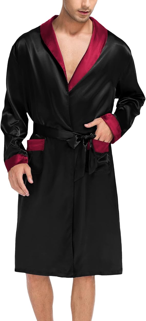 SWOMOG Men's Satin Robe with Shorts Set Silky Kimono Bathrobe Lightweight Soft Sleepwear