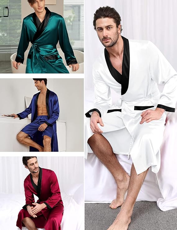 SWOMOG Men's Satin Robe with Shorts Set Silky Kimono Bathrobe Lightweight Soft Sleepwear