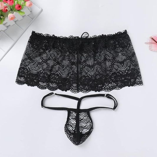 ABAFIP Men's Sissy Lingerie Low Rise Lace Mesh Sheer Mini Skirt + G-string Panties 2Pc Crossdressing Underwear