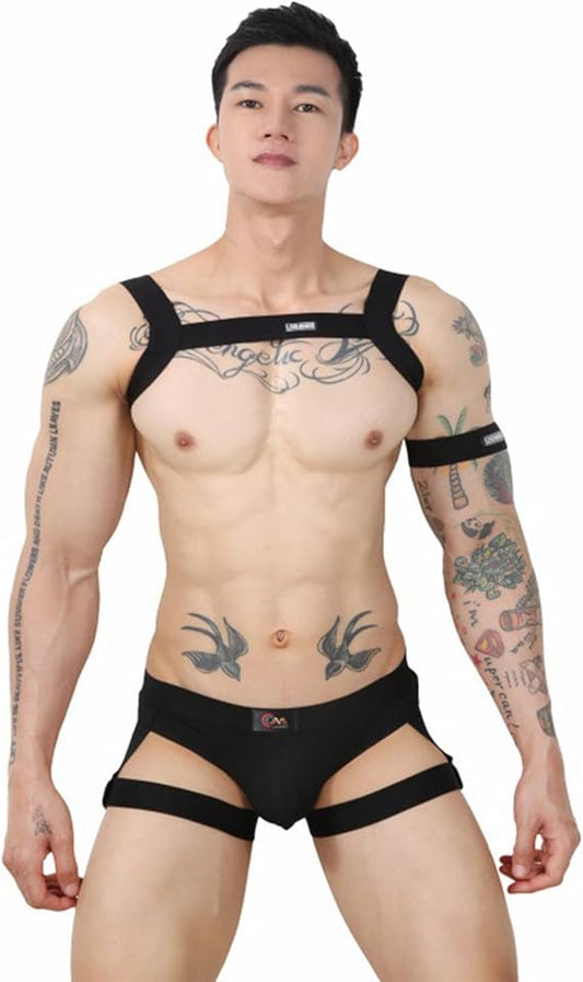 Evankin Men's Thong Underwear Sexy Outfit Legging Straps Sets Tank Tops Chest Straps Tight Fitting Underpants Set