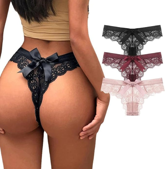 Women Lace Bow Thongs,T Back Low Waist Panties Sexy V-Shape Design Floral Lace, Breathable Panties Undies for Women 3-Pack