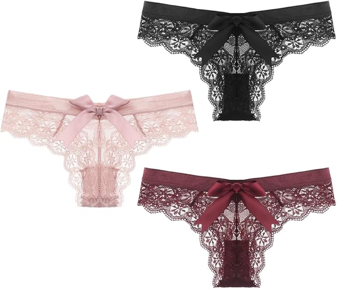 Women Lace Bow Thongs,T Back Low Waist Panties Sexy V-Shape Design Floral Lace, Breathable Panties Undies for Women 3-Pack