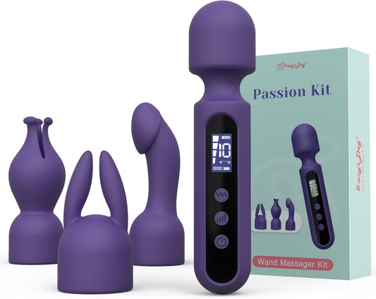 Tracy's Dog Wand Vibrator Kits, Couple Adult Sex Toys with 3 Attachments for Clit, G Spot, Glans, Clitoral Stimulator Vibrating Dildo with LCD Display, 10 Patterns 4 Speeds (Passion Kit)