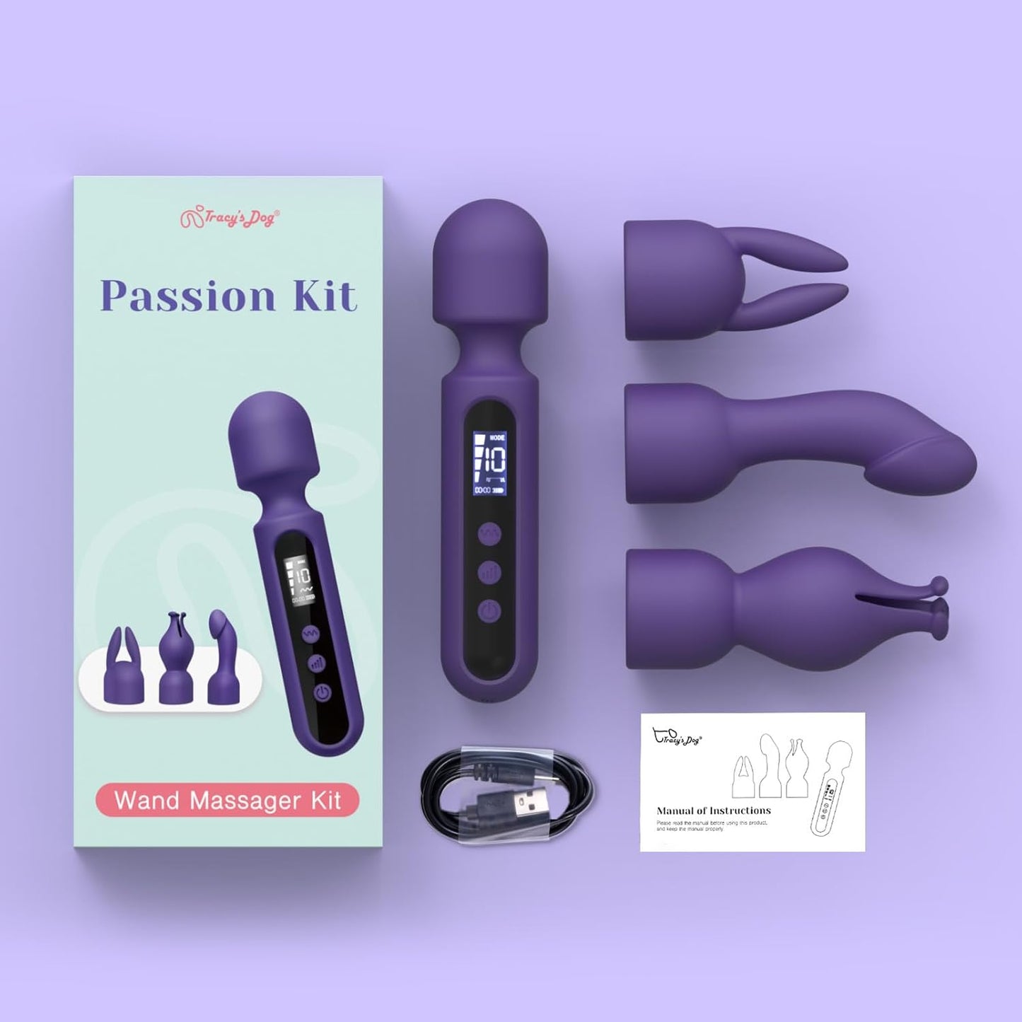 Tracy's Dog Wand Vibrator Kits, Couple Adult Sex Toys with 3 Attachments for Clit, G Spot, Glans, Clitoral Stimulator Vibrating Dildo with LCD Display, 10 Patterns 4 Speeds (Passion Kit)