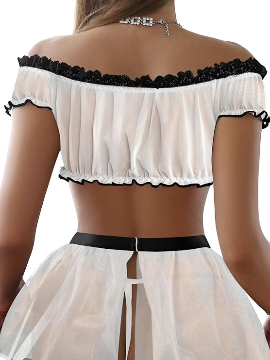 Sexy Stockings Mini Skirt Mesh Sheer Lace Costume Outfit Lingerie with Thong Set 4 Piece