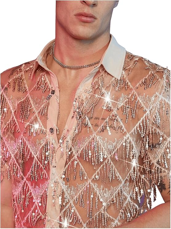 WDIRARA Men's Sequin Decor Fringe Button Front Shirts Short Sleeve Sheer Party T Shirt