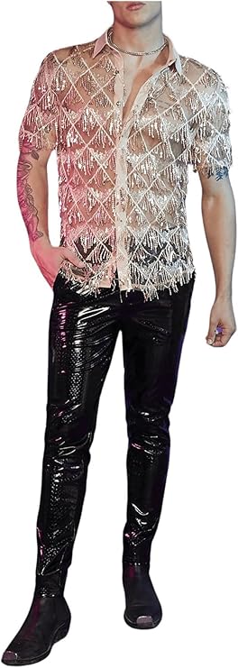 WDIRARA Men's Sequin Decor Fringe Button Front Shirts Short Sleeve Sheer Party T Shirt
