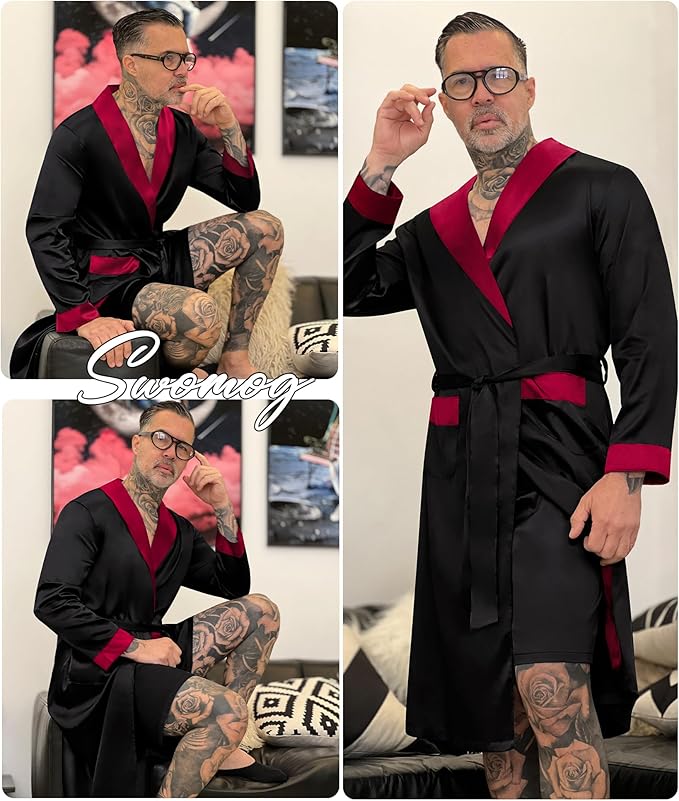 SWOMOG Men's Satin Robe with Shorts Set Silky Kimono Bathrobe Lightweight Soft Sleepwear